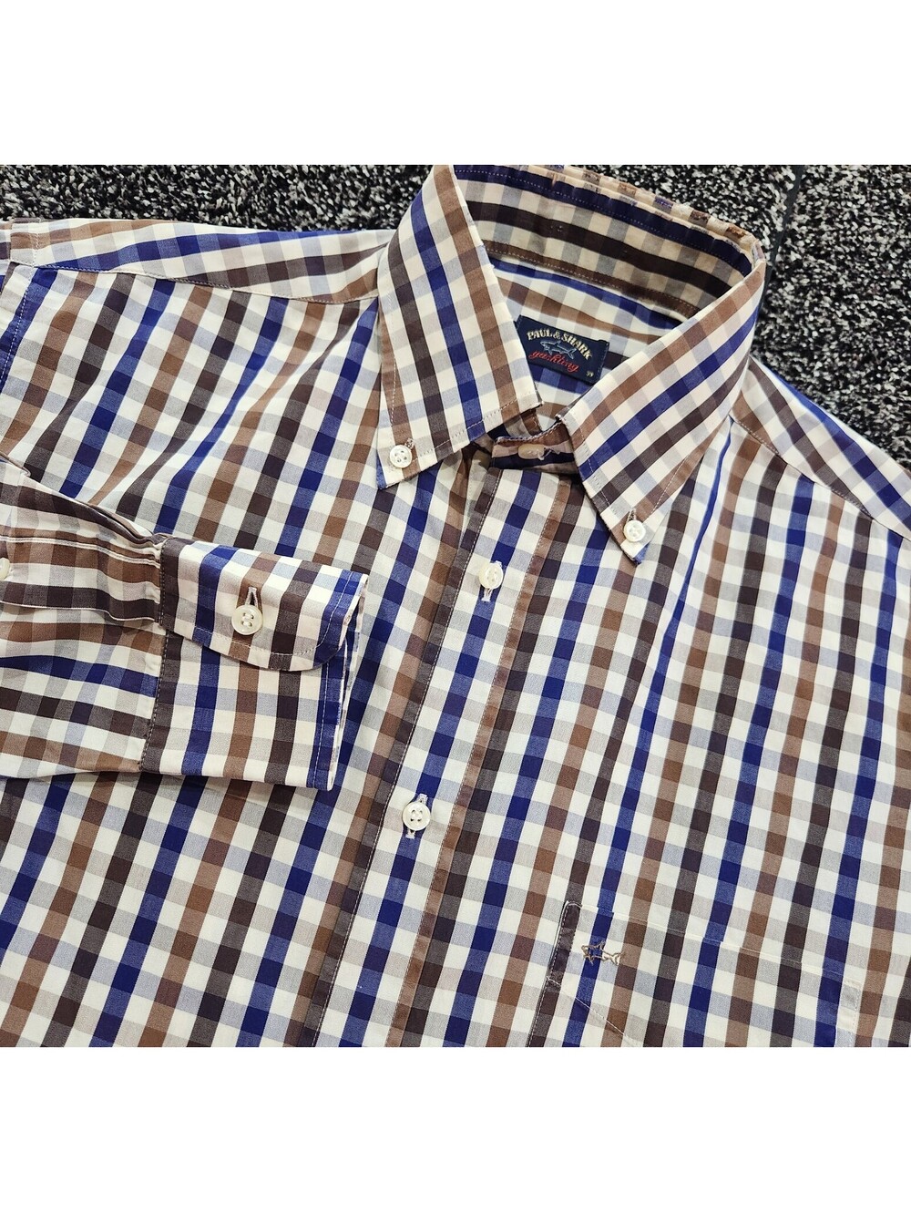 Paul & Shark Yachting Shirt Men 38 Blue Brown Stripe Button-down Long Sleeve